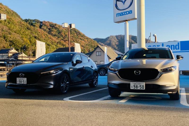 時刻は16時過ぎ。夕暮れ時のMAZDA3とCX-30です。